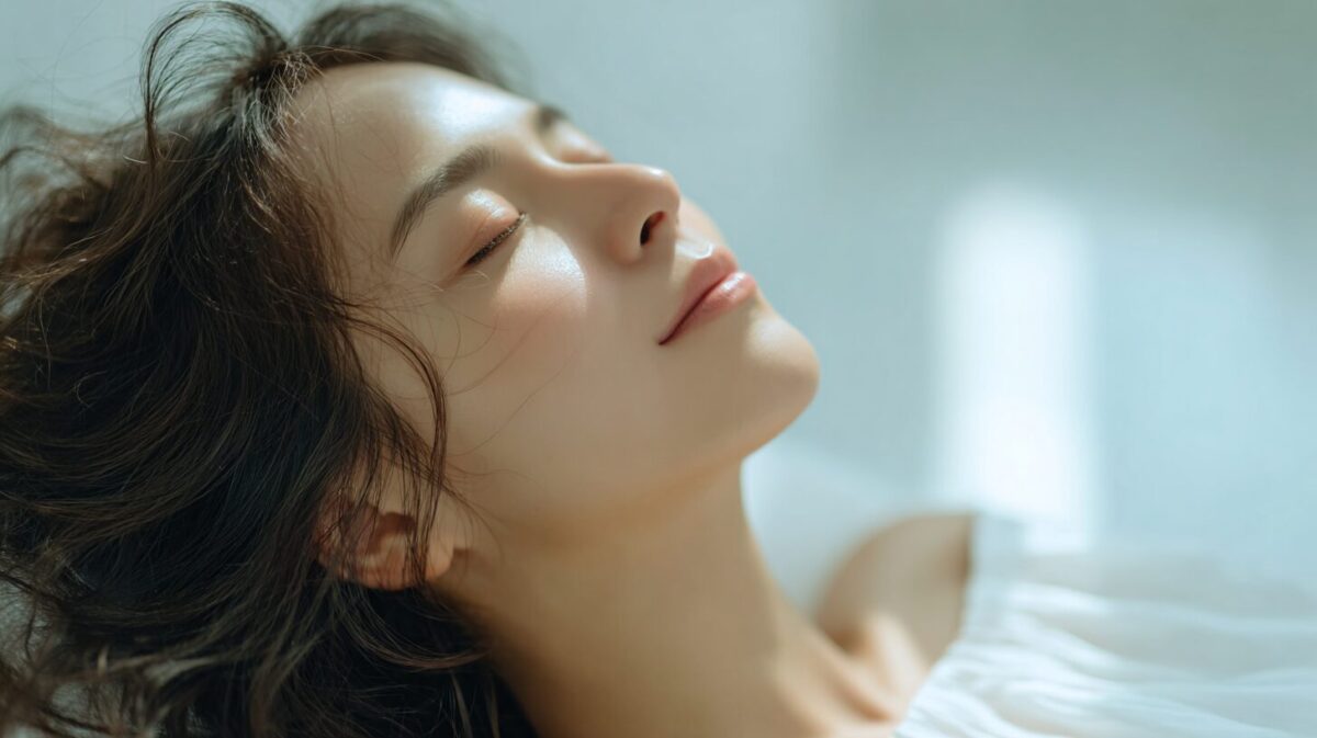 光の差す部屋で、あお向けに目を閉じる女性の横顔（イメージ）
