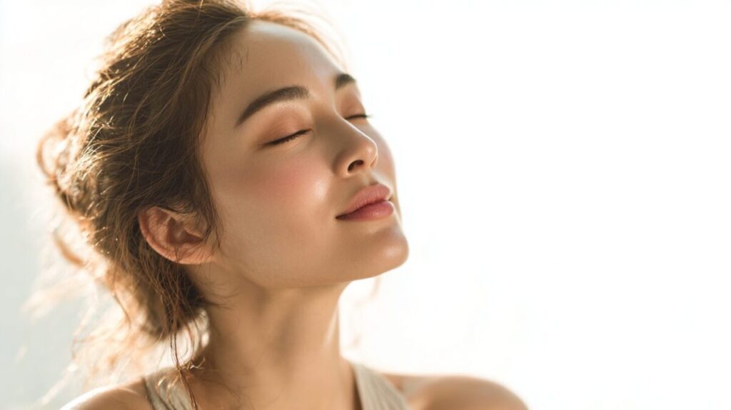 やわらかな日差しのなか、目を閉じて顔を上げる女性（イメージ）