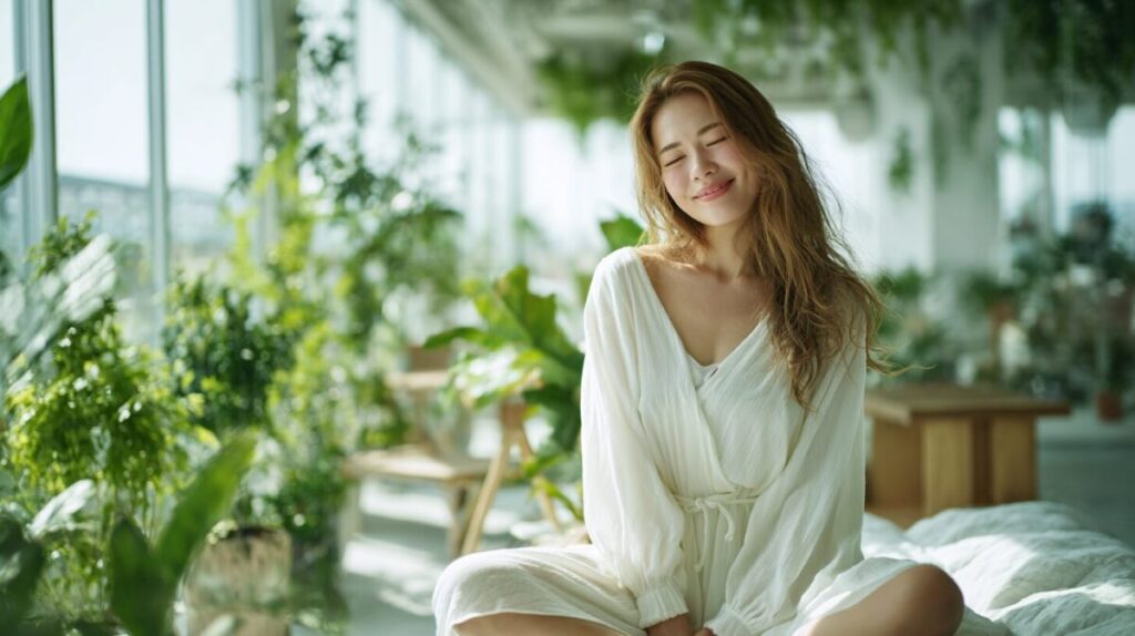 植物に囲まれた明るい部屋で、白いベッドに座り目を閉じる女性