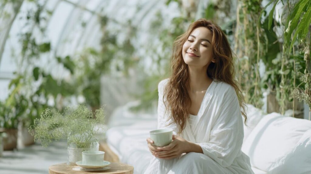 明るいラウンジで、お茶を手にひとりで休む女性（イメージ）