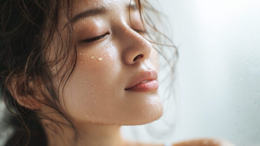 水滴のついた頬で、目を閉じる女性の横顔のアップ（イメージ）