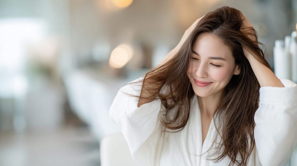 明るい室内で髪に手をやる白い服の女性（イメージ）