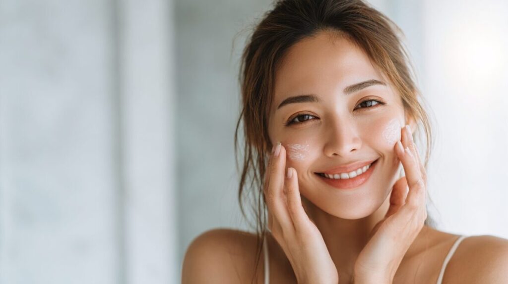 両頬にクリームをのせ、両手を顔に添えてほほえむ女性