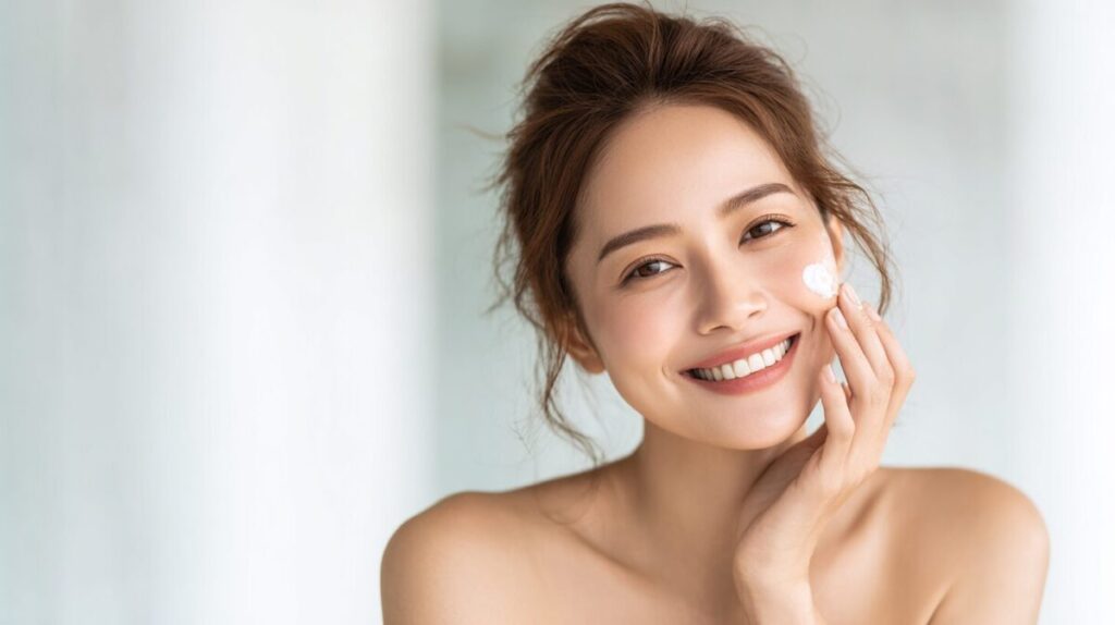 首に手を当ててほほえむ女性（イメージ）