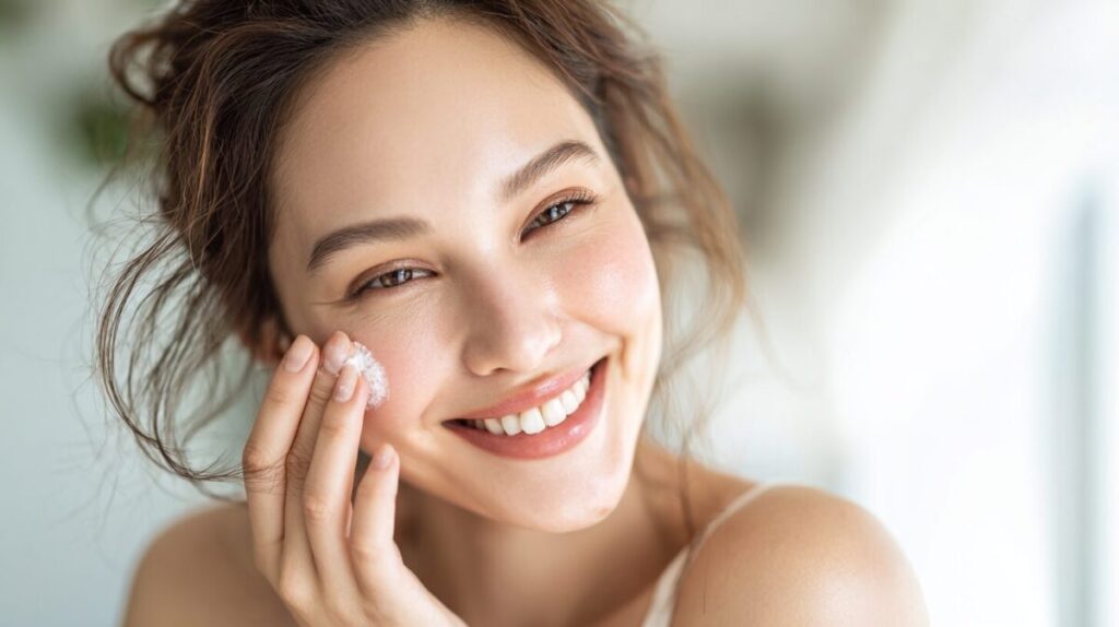 指先にとったクリームを頬にのせ、歯を見せて笑う女性