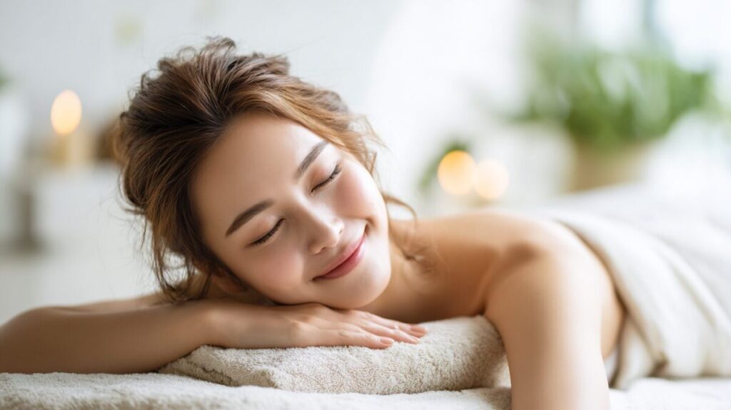 キャンドルの灯るスパで、うつ伏せのままほほえむ女性（イメージ）