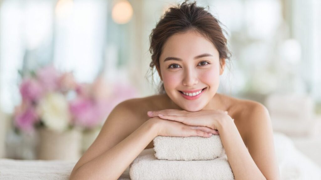 ベッドに腕をのせてほほえむ女性（イメージ）