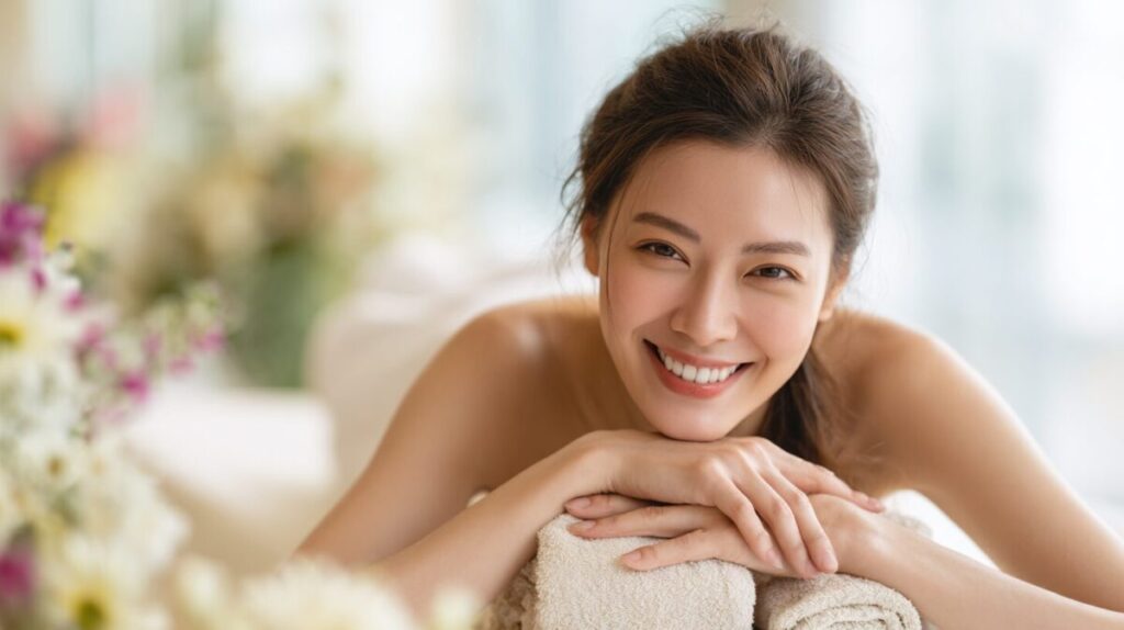 花の飾られたスパで、タオルに腕をのせて笑う女性（イメージ）