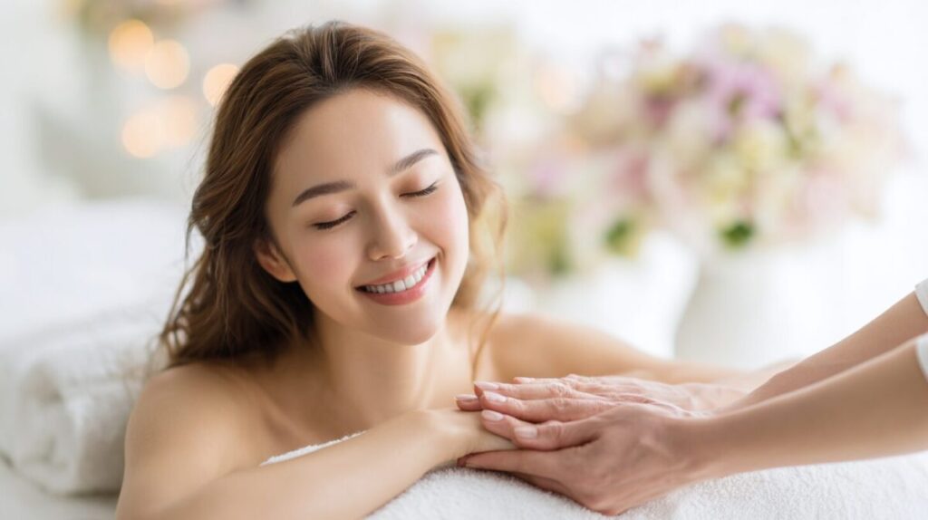 ベッドで肩に手を添えられほほえむ女性（イメージ）