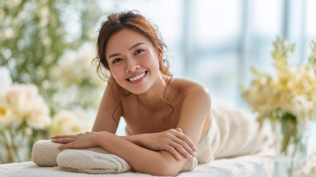 花のそばの施術ベッドでほほえむ女性（イメージ）