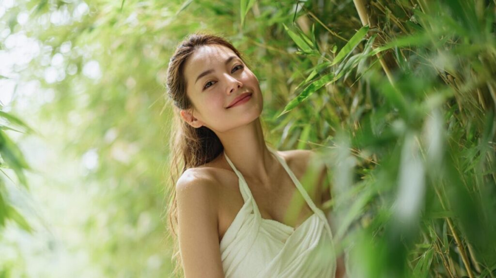 緑の中で目を閉じるガウン姿の女性（イメージ）