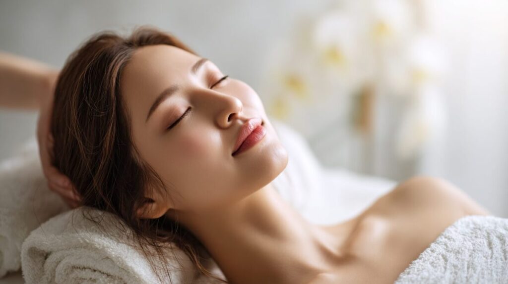 白い花を背にあおむけで目を閉じ、頭に手を添えられて休む女性