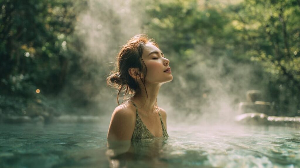 湯けむりのなかで温泉につかる女性（イメージ）