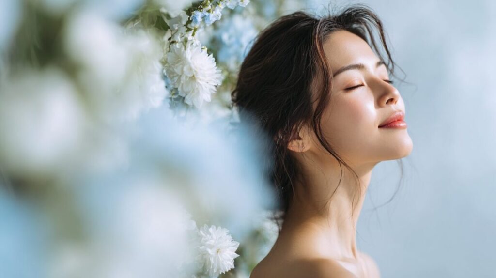 白い花を背景に目を閉じる女性の横顔（イメージ）
