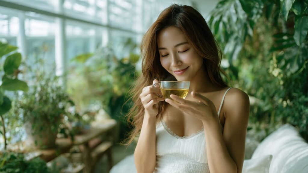 観葉植物のあるラウンジで、温かい飲み物を口にする女性（イメージ）