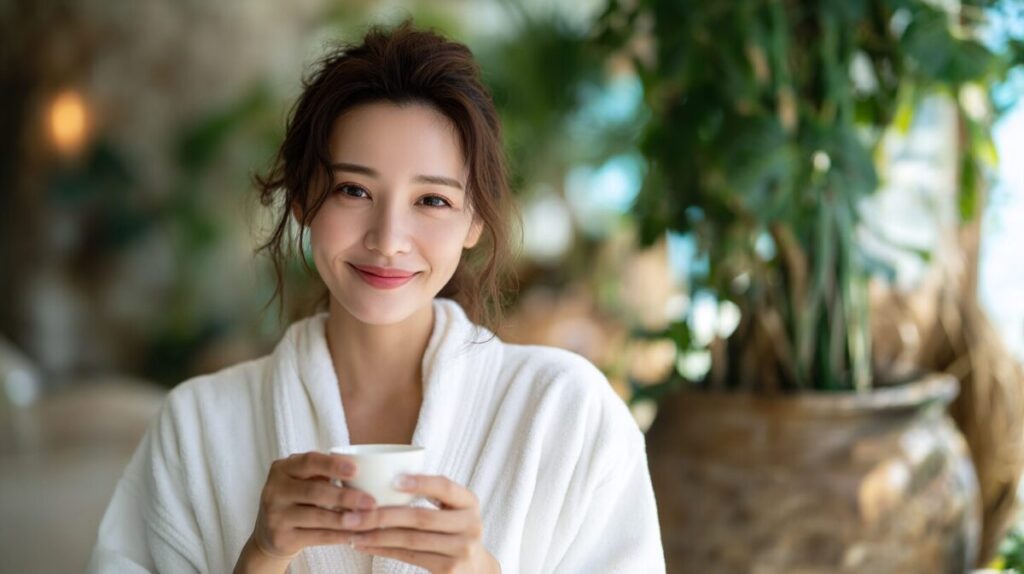 ガウン姿でカップを両手に持つ女性（イメージ）