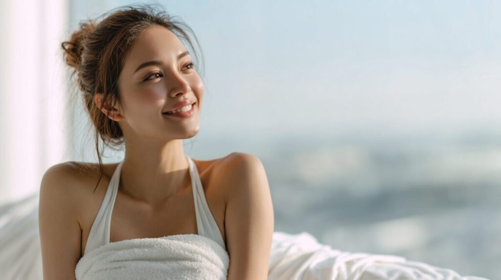 ベッドに腰かけて窓の外を眺める女性（イメージ）