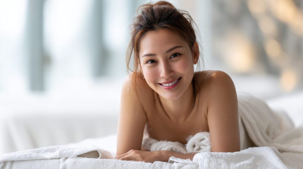 ベッドでうつ伏せになりほほえむ女性（イメージ）