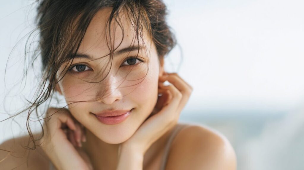 両手を頬に当ててほほえむ女性（イメージ）