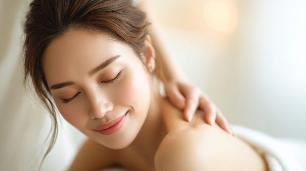暖かい光のなか、肩に手を添えられ目を閉じてほほえむ女性（イメージ）