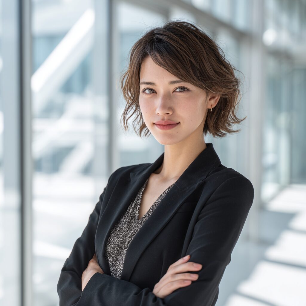 ガラス張りの建物の中で、黒いジャケットで腕を組む女性（イメージ）