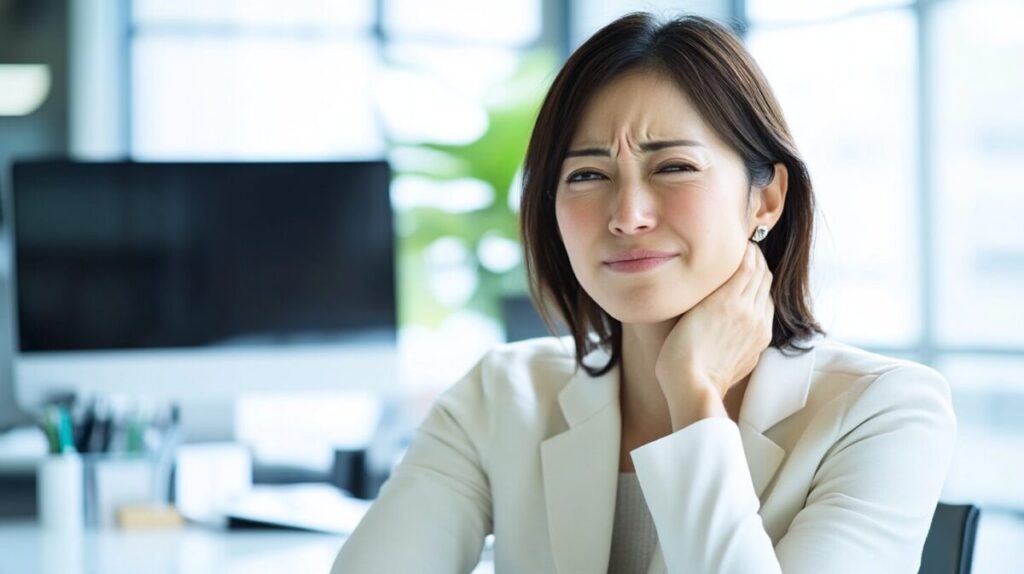デスクで首に手を当て、考えごとをする女性（イメージ）