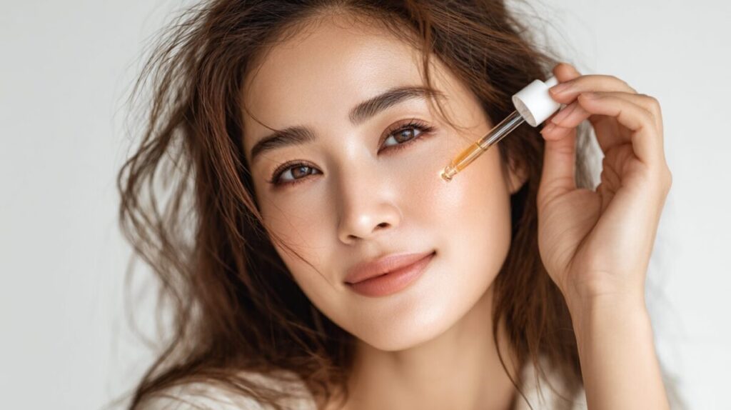 美容液のスポイトを顔に近づける女性（イメージ）