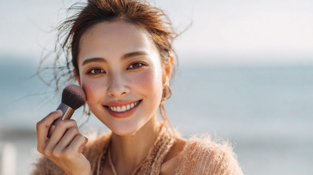 海を背に、チークブラシを頬に当ててほほえむ女性（イメージ）