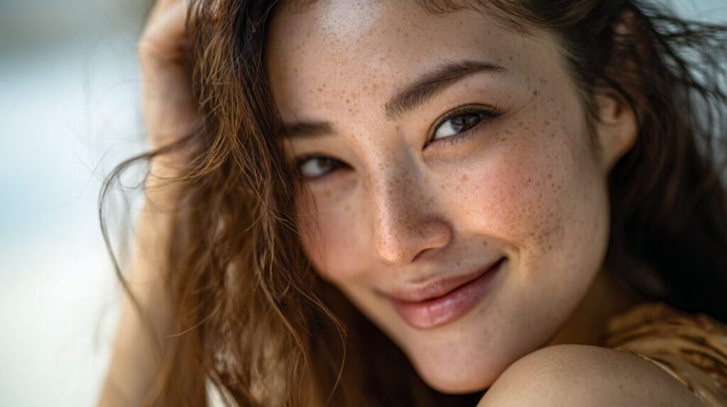 髪に手をやり、こちらを見てほほえむ女性の顔のアップ（イメージ）