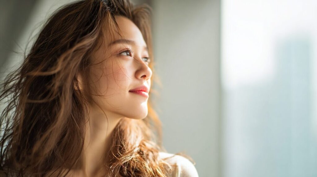 明るい窓の外を見つめる、長い髪の女性の横顔（イメージ）