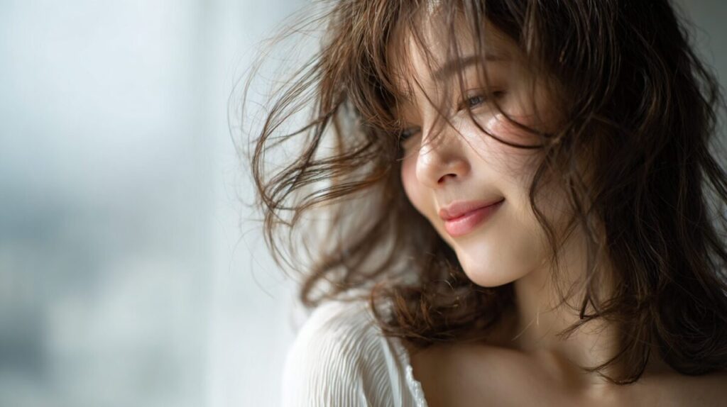 窓辺の光のなか、伏し目でほほえむ白い服の女性（イメージ）