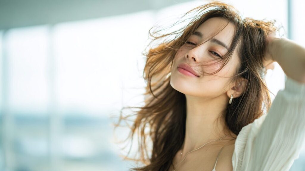 明るい窓辺で髪をかき上げ、目を細める白い服の女性（イメージ）