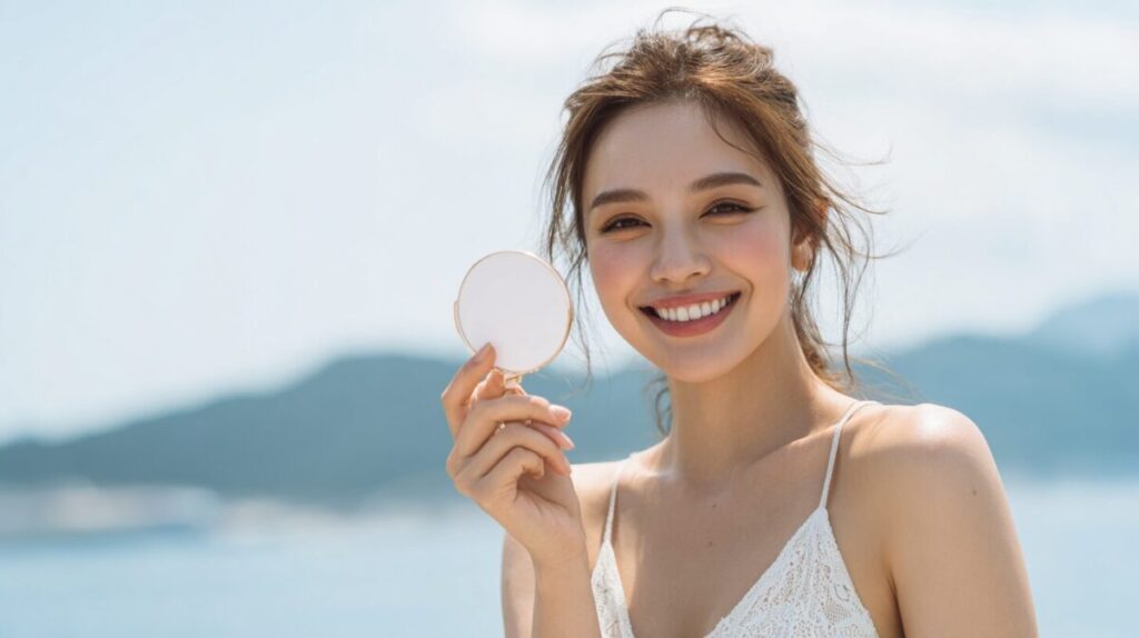 手鏡を見る女性（海辺）（イメージ）