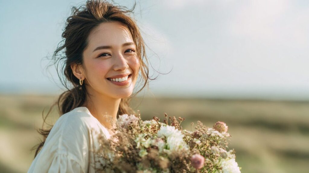 草原で白いブラウスを着て、花束を持って笑う女性（イメージ）