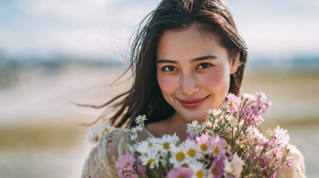 海辺で花束を持つ女性（イメージ）