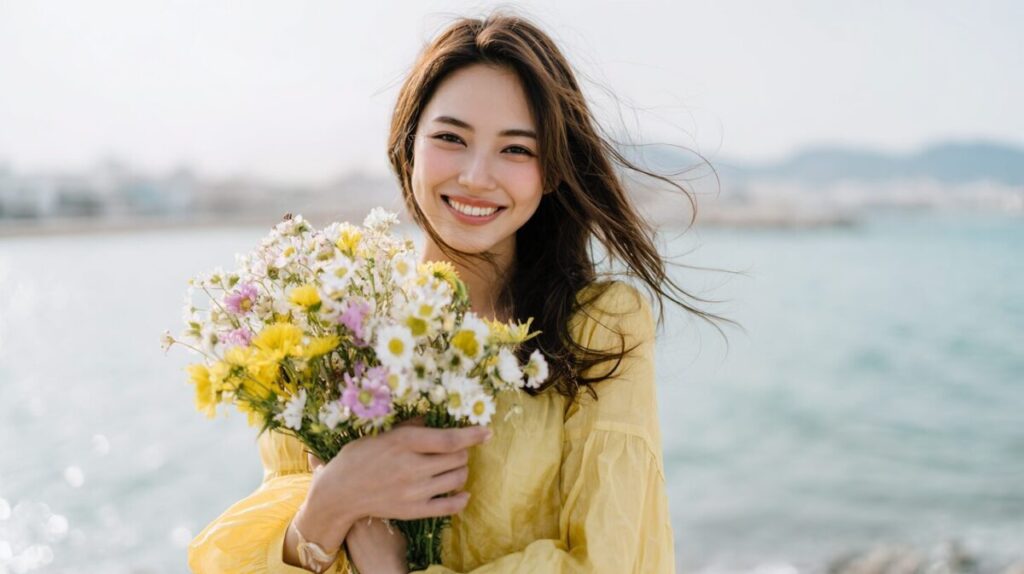 海辺で黄色い服を着て、花束を抱えて笑う女性（イメージ）