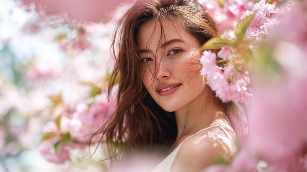 満開のピンクの花の間から、こちらを見てほほえむ女性（イメージ）