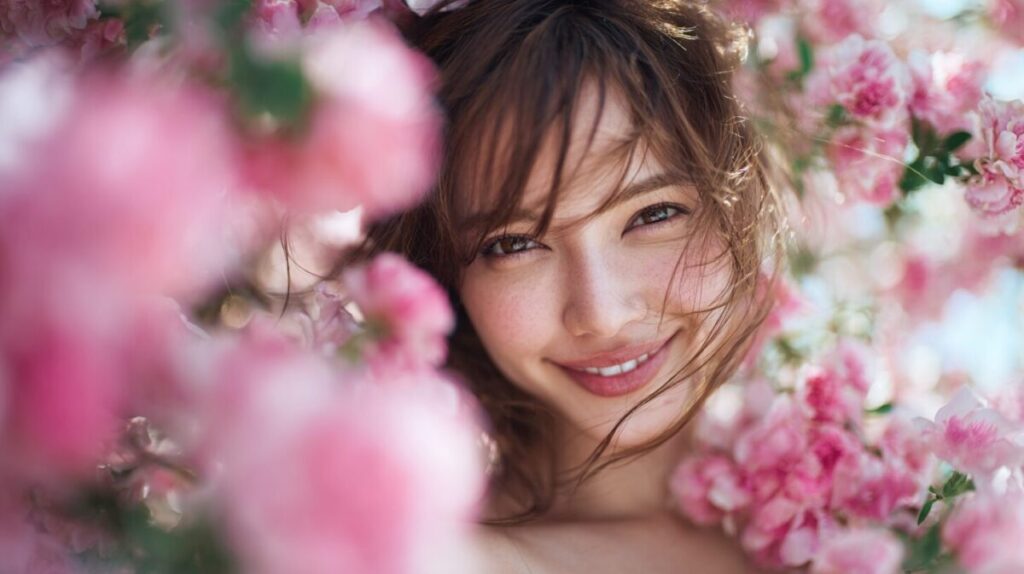 ピンクの花のなかでほほえむ女性（イメージ）