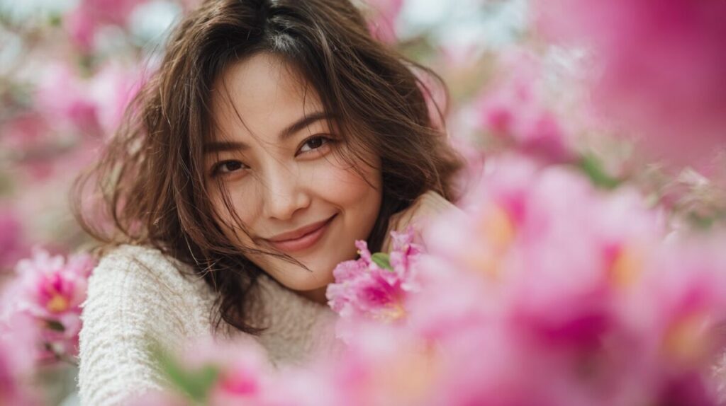 ピンクの花に囲まれ、白いニットでほほえむ女性（イメージ）
