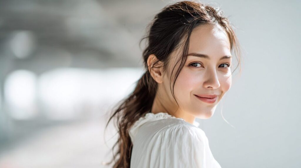 髪を後ろで束ね、白いフリル襟のブラウス姿で振り返ってほほえむ女性