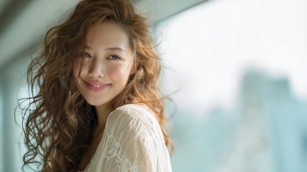 窓辺でほほえむ巻き髪の女性(イメージ)