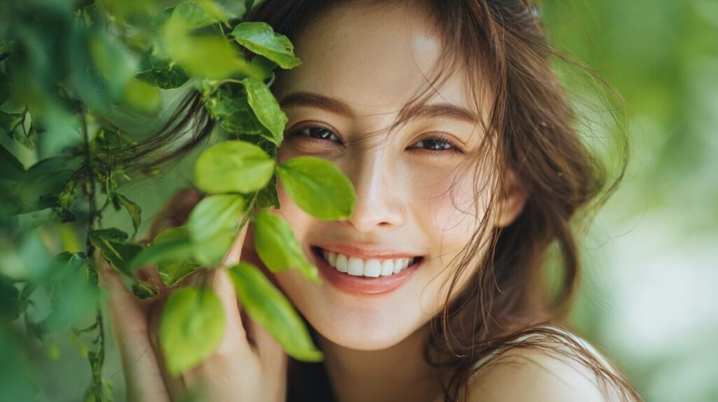緑の葉のあいだでほほえむ女性（イメージ）